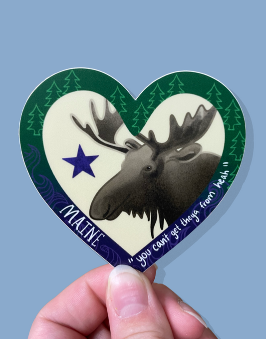 Maine Flag Heart Sticker with Moose