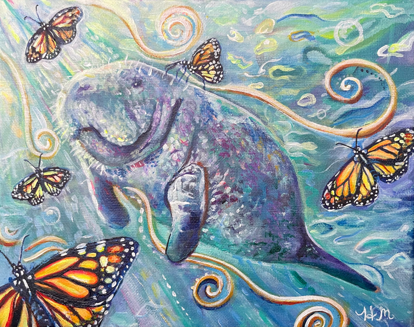 Manatee With Monarch Butterflies Painting Fine Art Giclee Print